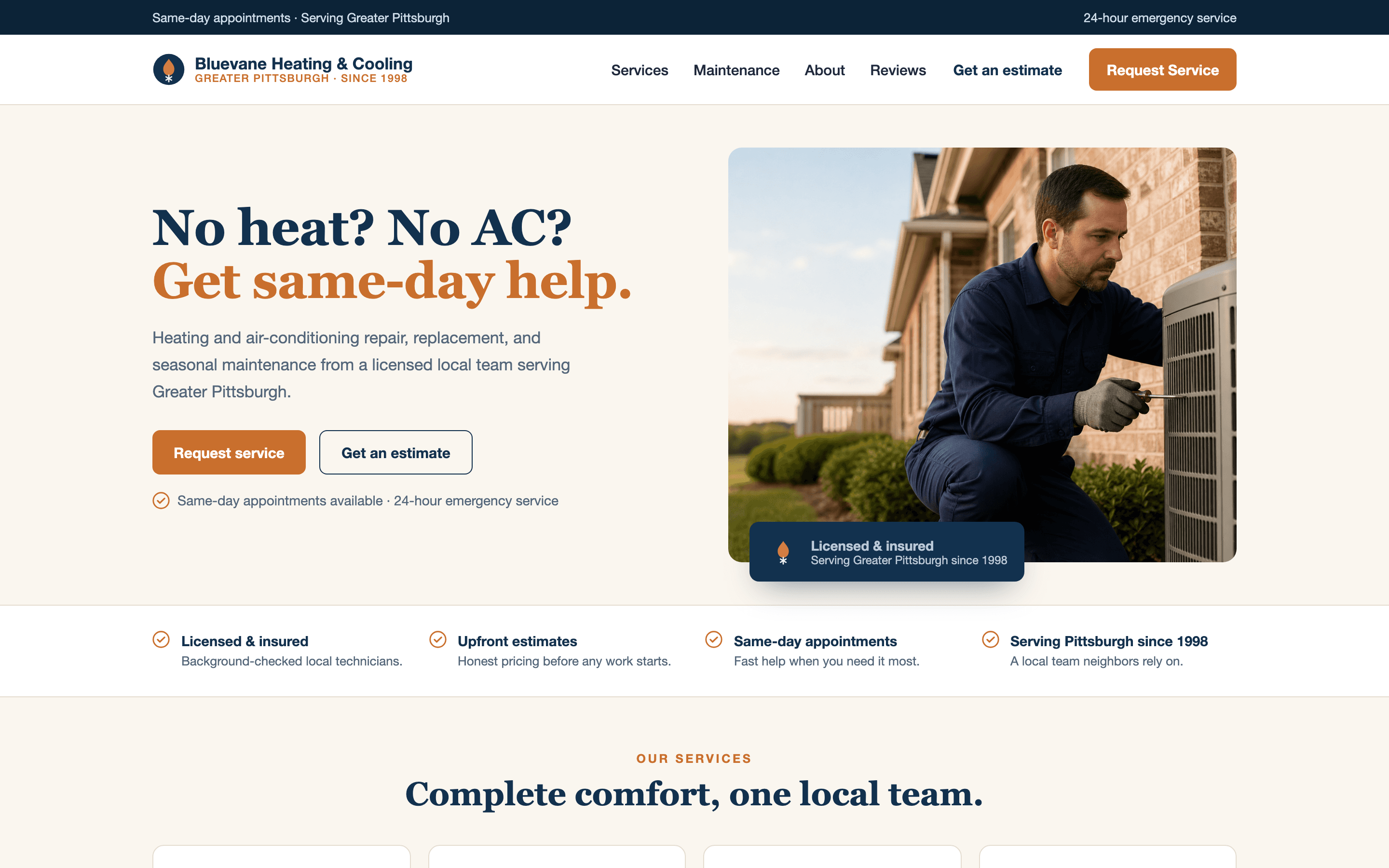 After: the modern RMVS rebuild (desktop view) of the same fictional Bluevane Heating & Cooling website