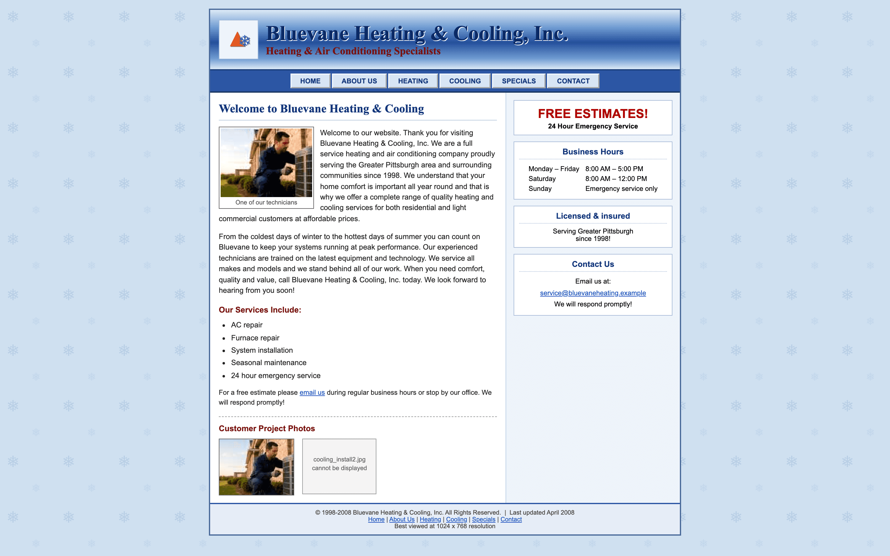 Before: a dated 2004-era HVAC contractor website (desktop view) for the fictional Bluevane Heating & Cooling